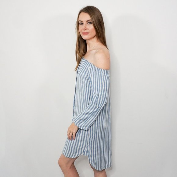 BELLA DAHL Blue Striped Off-Shoulder Dress NWT - Picture 5 of 7